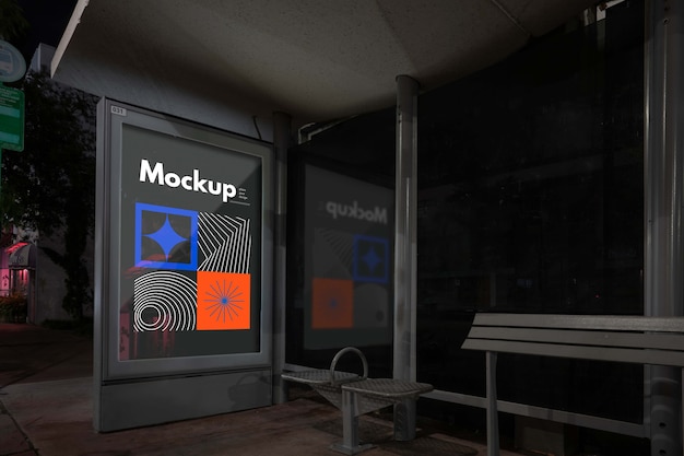 PSD bus stop mock-up at night in the city