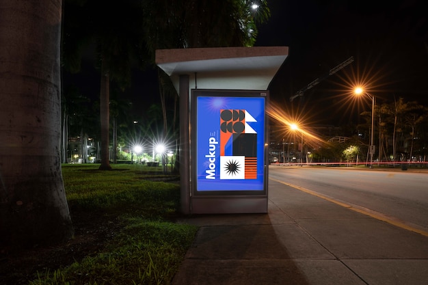 Bus stop mock-up at night in the city