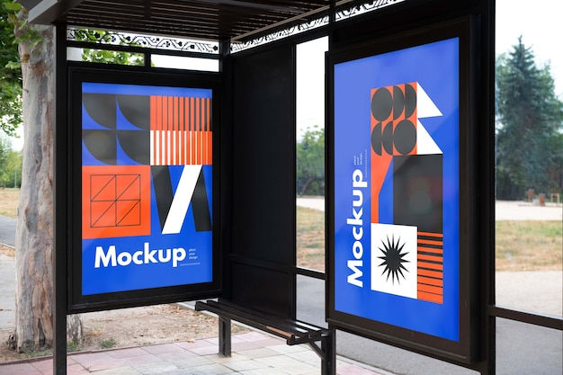 PSD bus stop mockup with posters