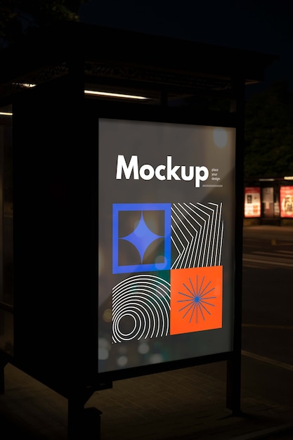 PSD bus stop at nighttime outdoors mockup