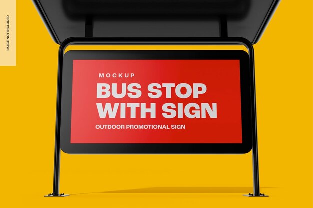 PSD bus stop with sign mockup, low angle view