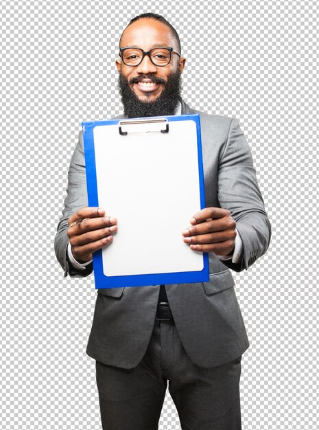 PSD business black man holding a inventory