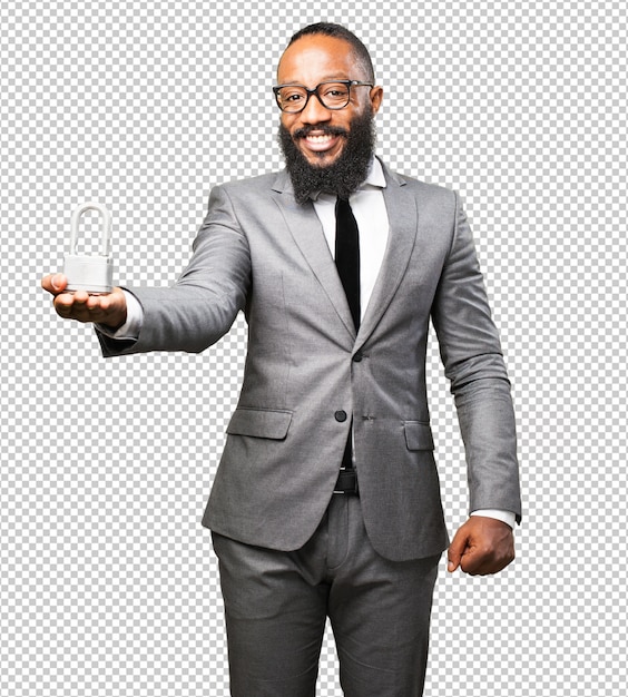 PSD business black man holding a padlock