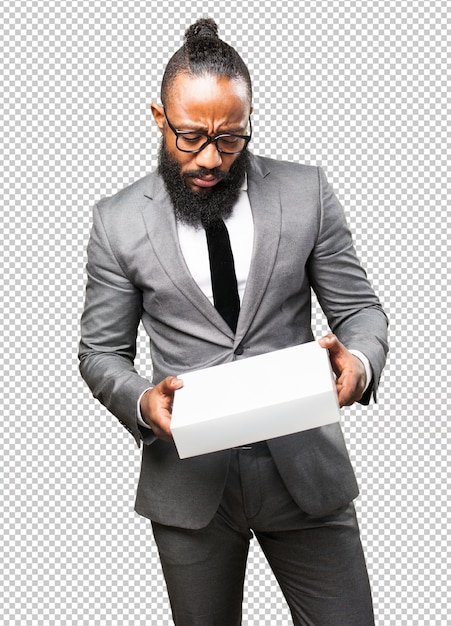 Бизнес черный человек, держащий белую коробку