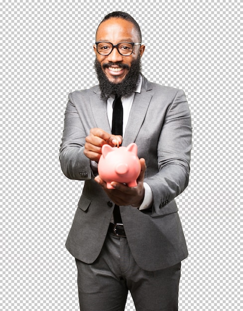 PSD business black man saving with a piggy bank