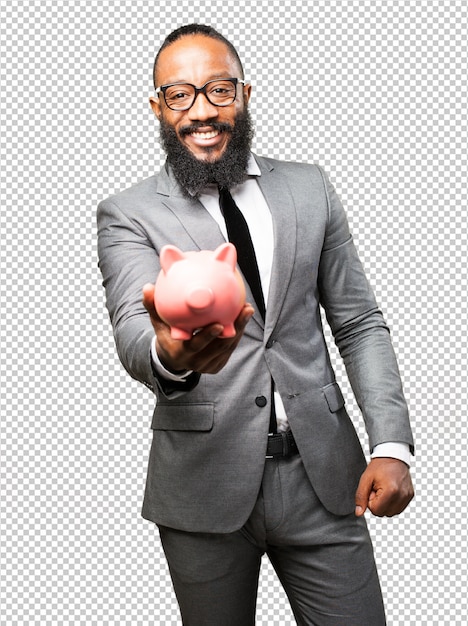 Business black man saving with a piggy bank