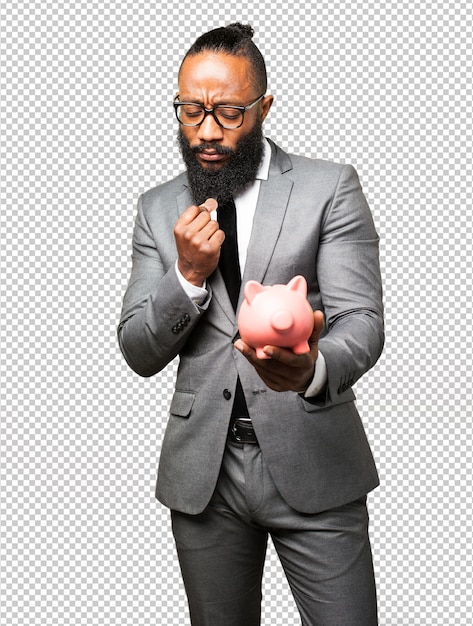 PSD business black man saving with a piggy bank