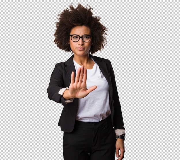 Business black woman doing stop gesture