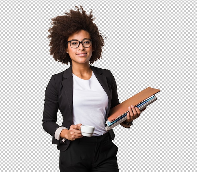 Business black woman holding a cup of coffe and files