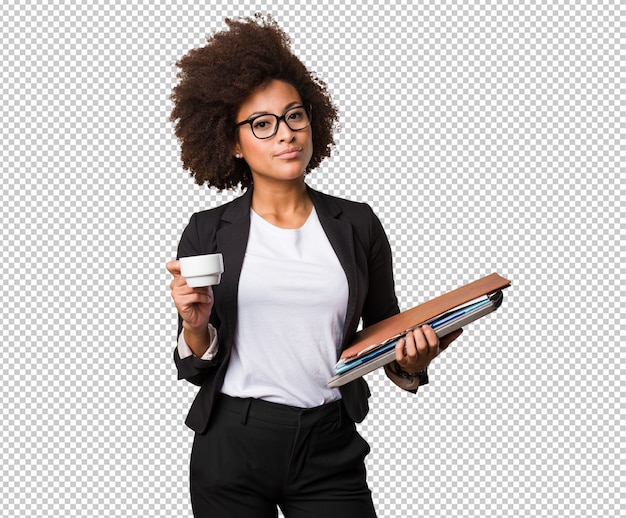 PSD business black woman holding a cup of coffe and files