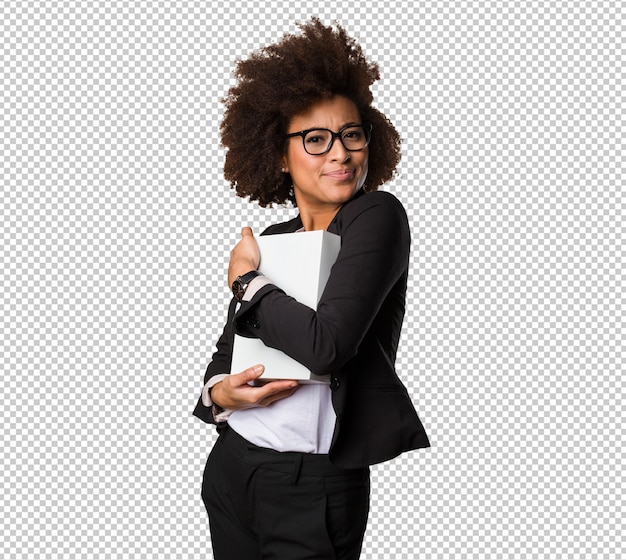 PSD business black woman holding a white box