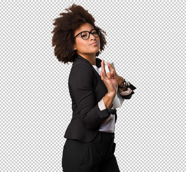 PSD business black woman holding a white box