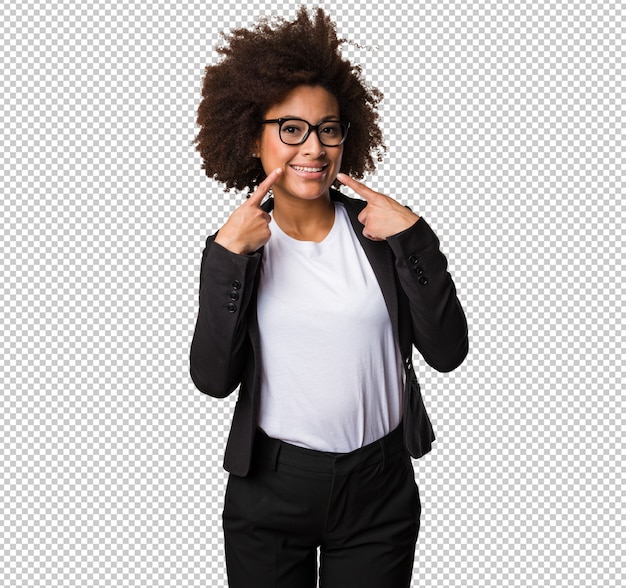 Business black woman pointing her mouth