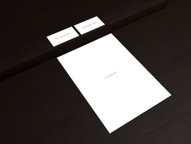 PSD business card front and back - a4 paper - dark wood background