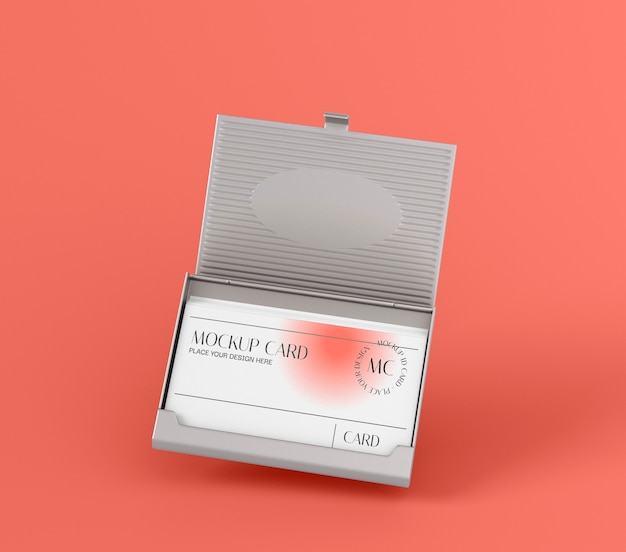 PSD Макет визитной карточки в металлическом контейнере