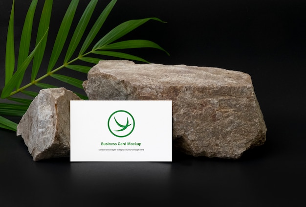Business card mock up on stone with plant