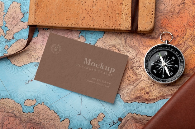 PSD business card mock-up with travel items