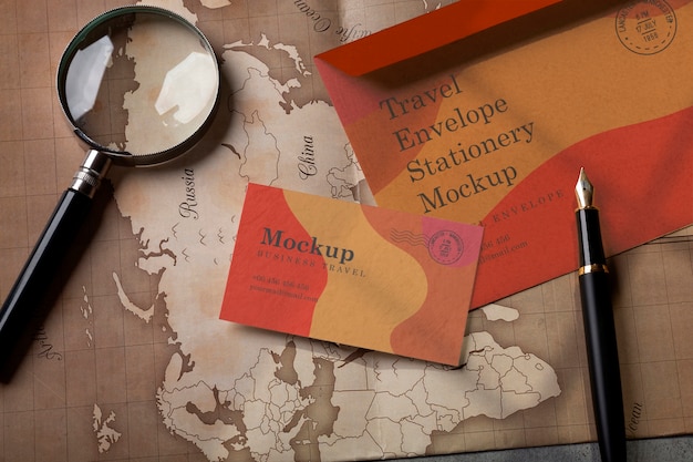 PSD business card mock-up with travel items