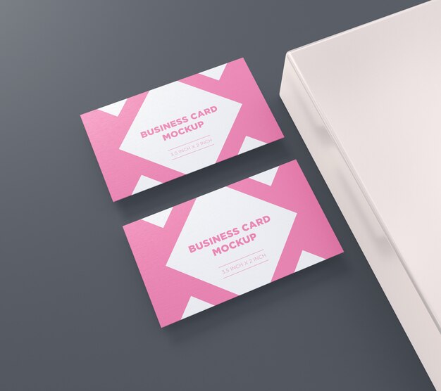 PSD business card mockup beside box