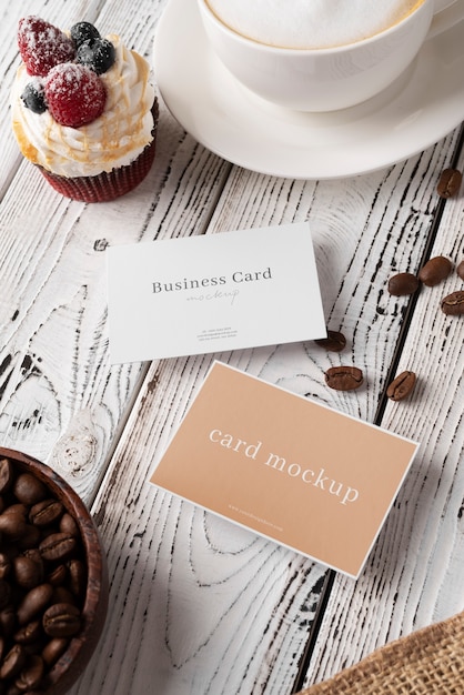 PSD business card mockup design with coffee