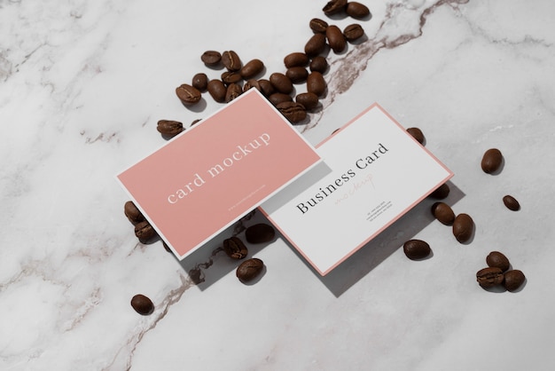 PSD business card mockup design with coffee