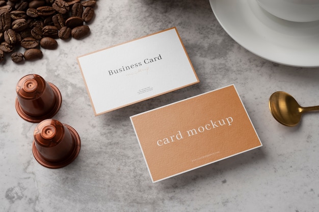 PSD business card mockup design with coffee