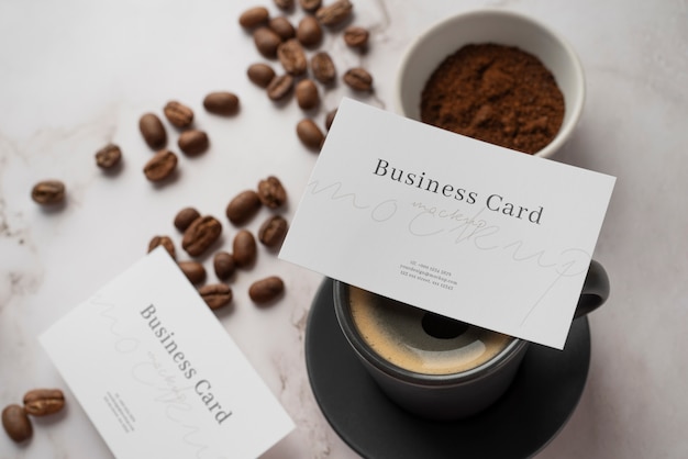 PSD business card mockup design with coffee