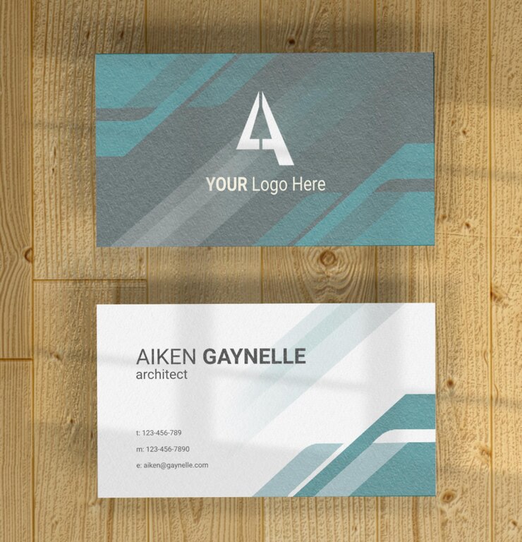 Business card mockup elegant with front and back stacked on a wooden background