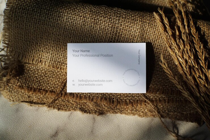 PSD business card mockup lying on brown sackcloth