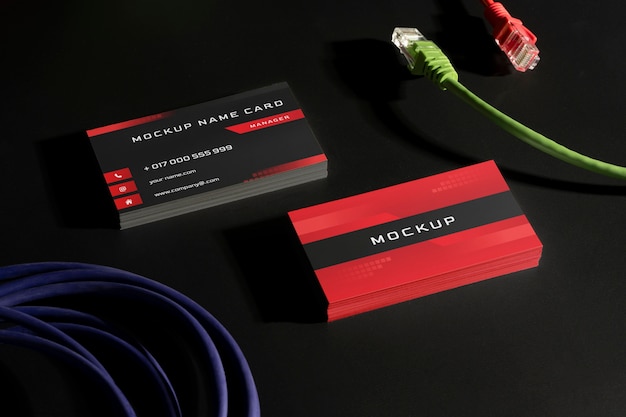 PSD business card mockup near wires