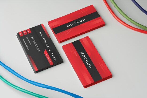 PSD business card mockup near wires