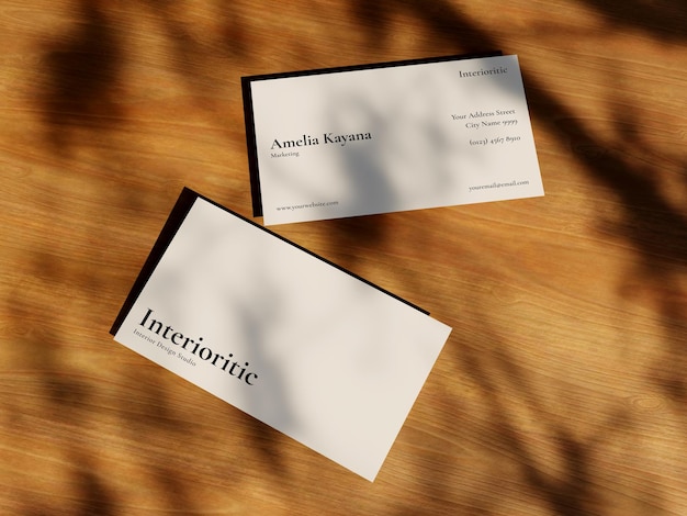 Business card mockup realistic wood textured and shadow