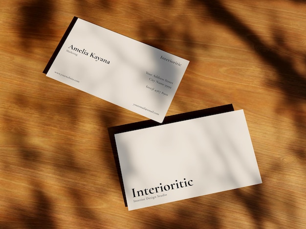 Business card mockup realistic wood textured and shadow