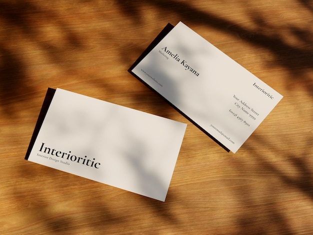 Business card mockup realistic wood textured and shadow