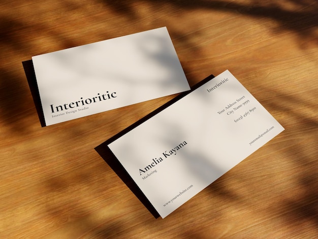 Business card mockup realistic wood textured and shadow