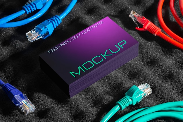 Business card mockup with colored wires  on foam  background