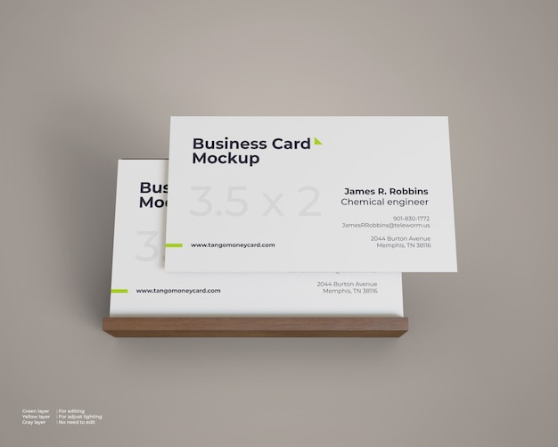 business card mockup with wood holder