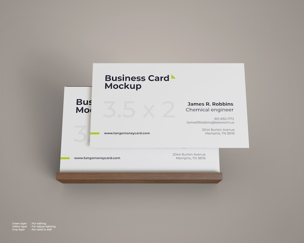 Business card mockup with wood holder