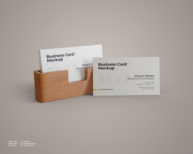 business card mockup with wood holder
