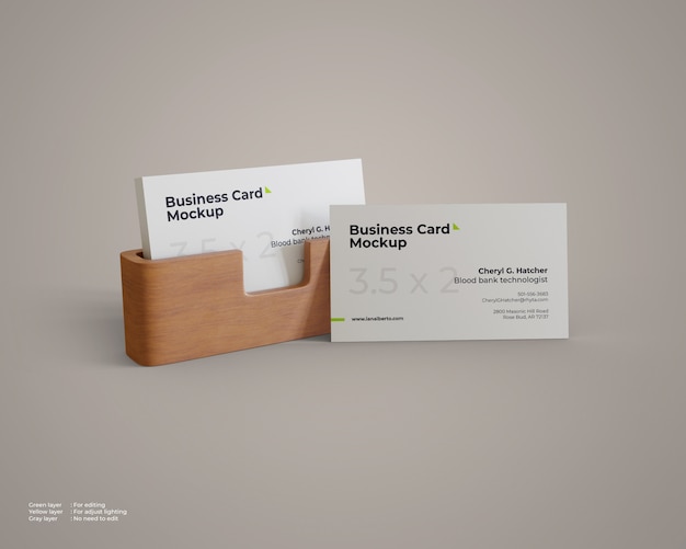 Business card mockup with wood holder