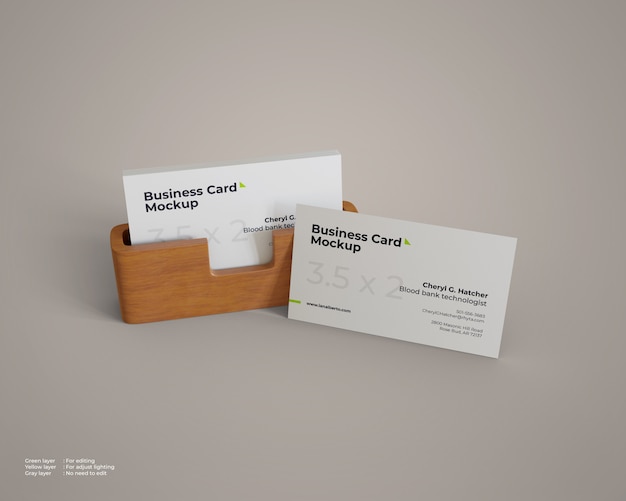Business card mockup with wood holder