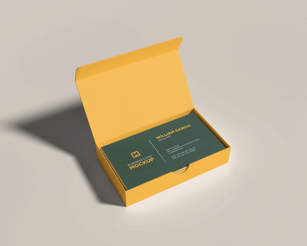 Business card mockup with a yellow open box