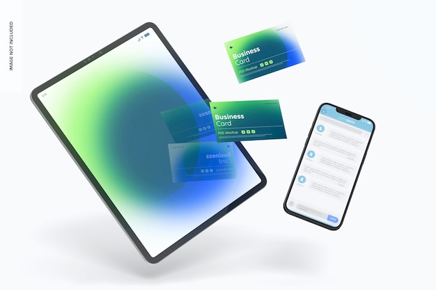 Business Card with Devices Mockup, Floating