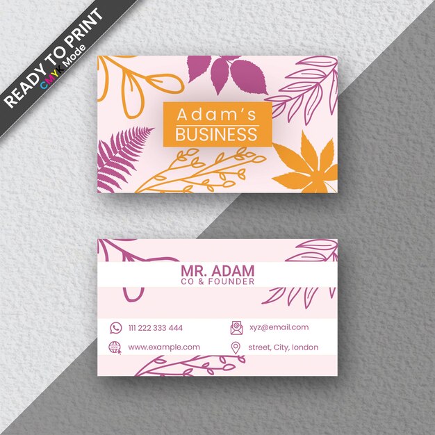 PSD business card with leaves and flower