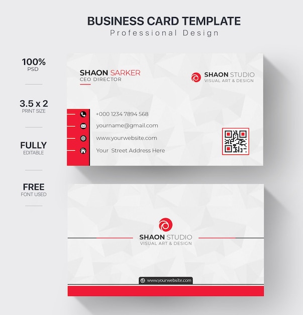 a business card with a red and white background that says business card