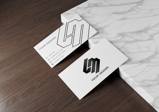 Business card on wood and marble surface mockup