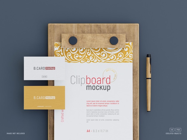 Business cards and a4 letterhead mockup with clipboard top view