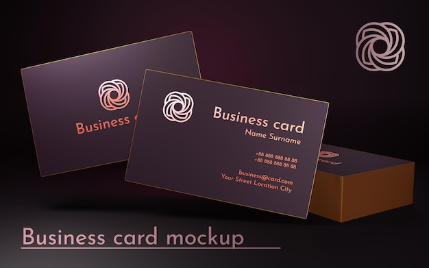 Business cards in dark pink color with gold frame 3d render