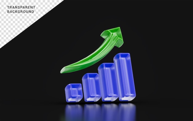 business chart up arrow sign glass morphism on dark background 3d render concept for rising growth