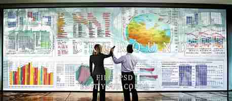 PSD business colleagues discussing marketing and stock charts on wall screen in meeting room